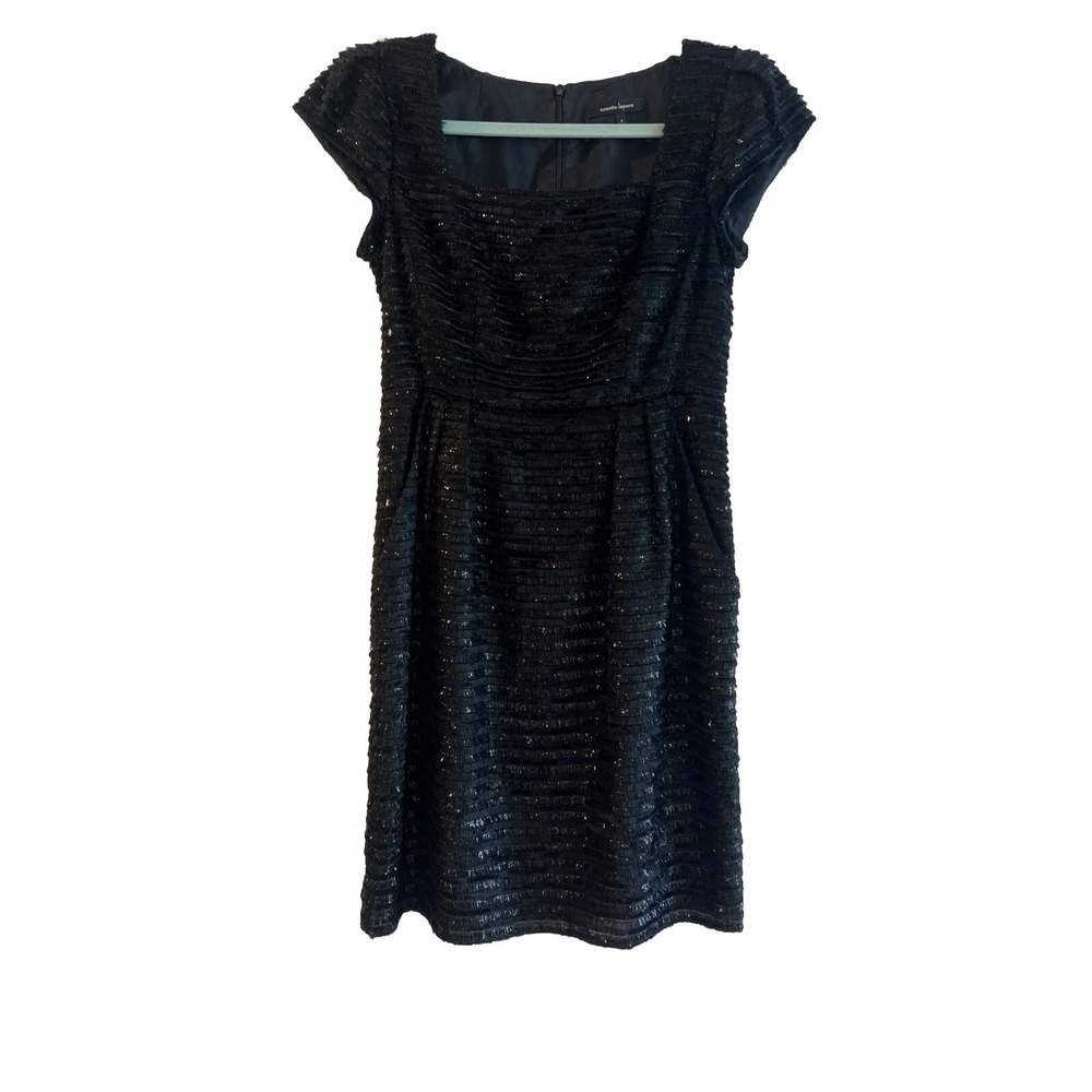 Nanette Lepore Black Metallic Feathery Fringe Striped Mini Cocktail Dress Size 4